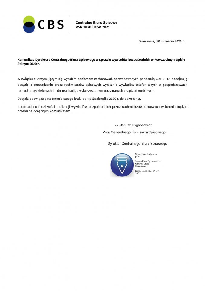Komunikat Dyrektora Centralnego Biura Spisowego w sprawie wywiadów bezpośrednich w Powszechnym Spisie Rolnym 2020 r.